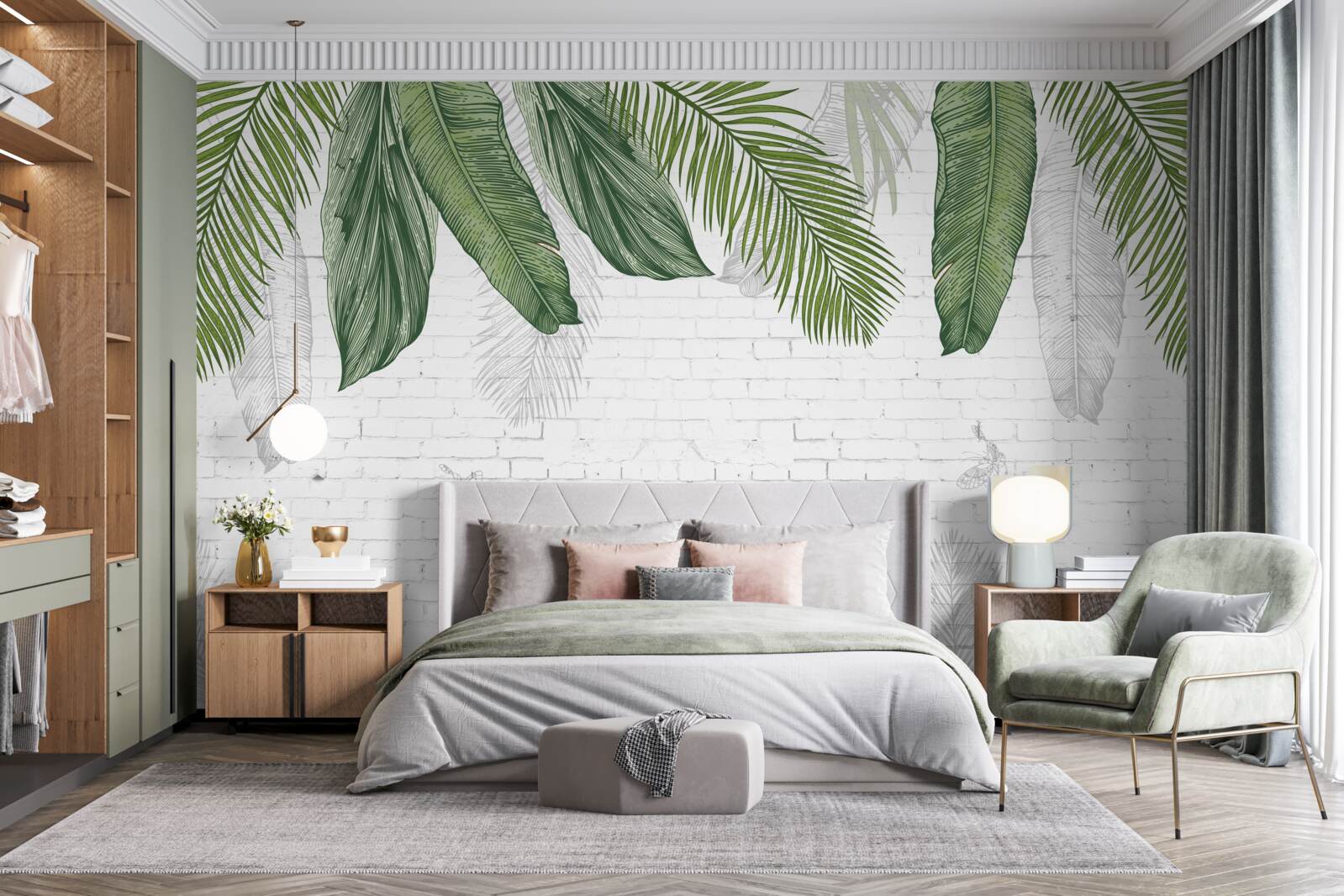 Fototapet cărămida este bine acoperită cu frunze verzi