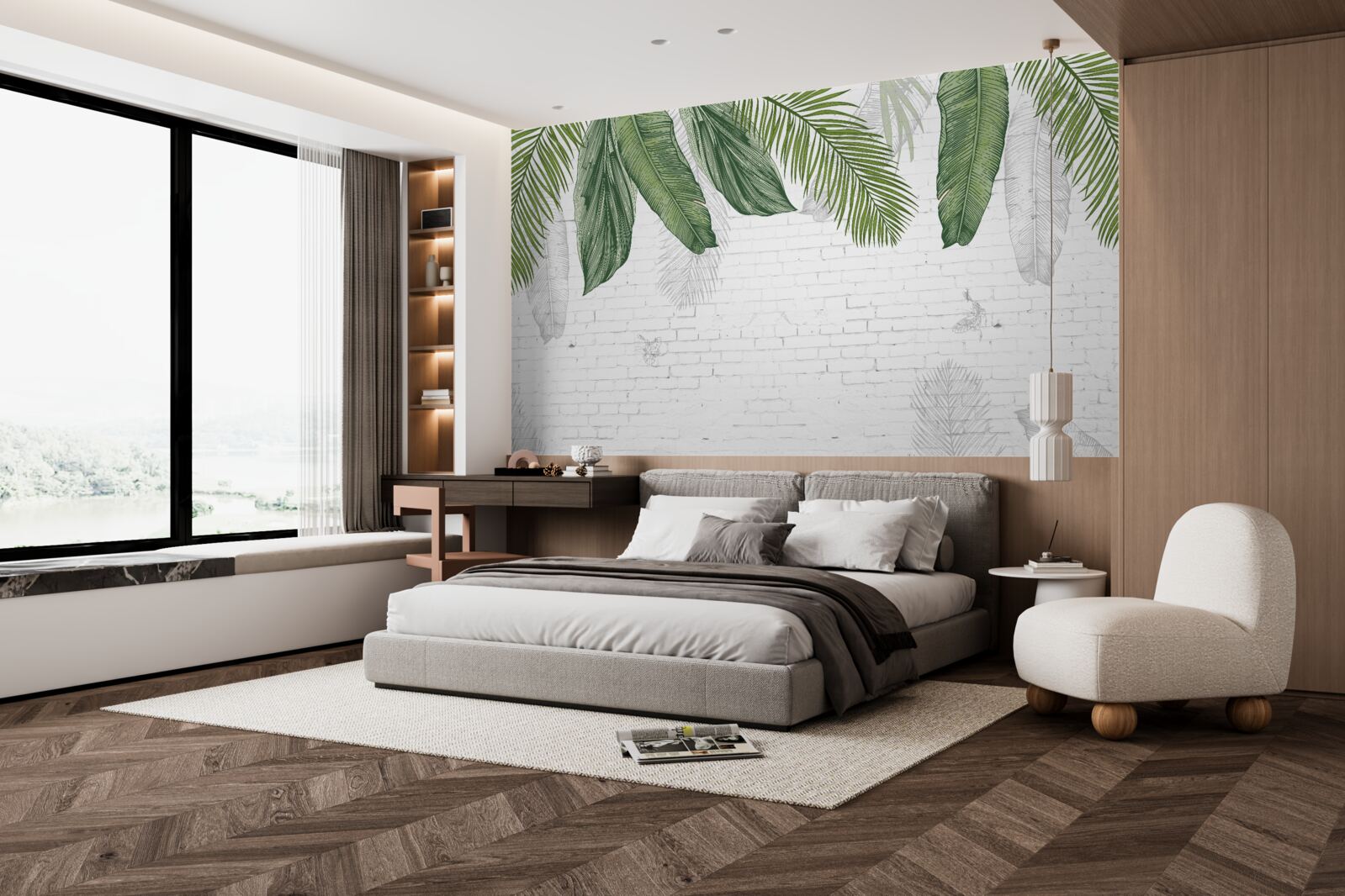 Fototapet cărămida este bine acoperită cu frunze verzi