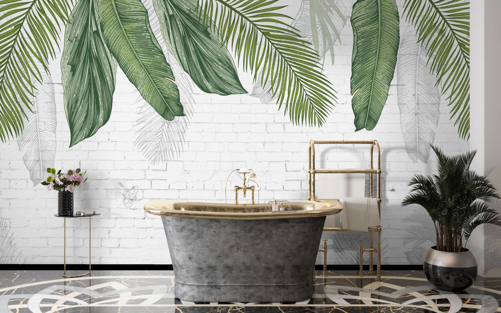 Fototapet cărămida este bine acoperită cu frunze verzi