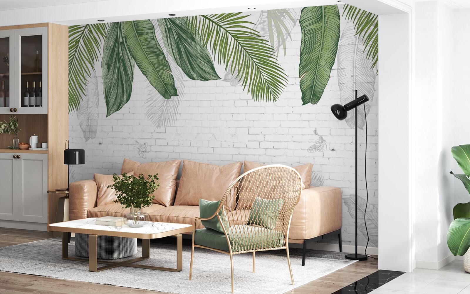 Fototapet cărămida este bine acoperită cu frunze verzi