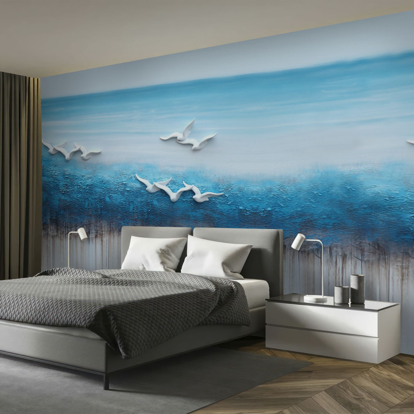 Fototapet Păsări albe ca zăpada deasupra norilor albăstrui