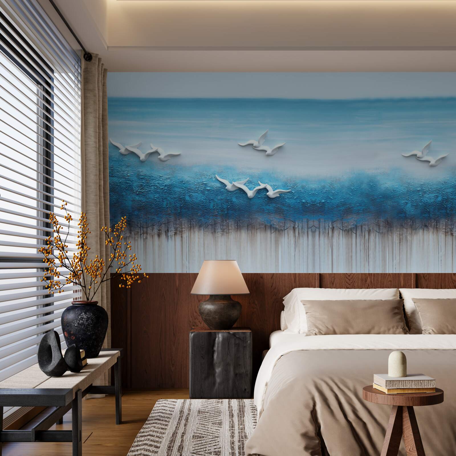 Fototapet Păsări albe ca zăpada deasupra norilor albăstrui