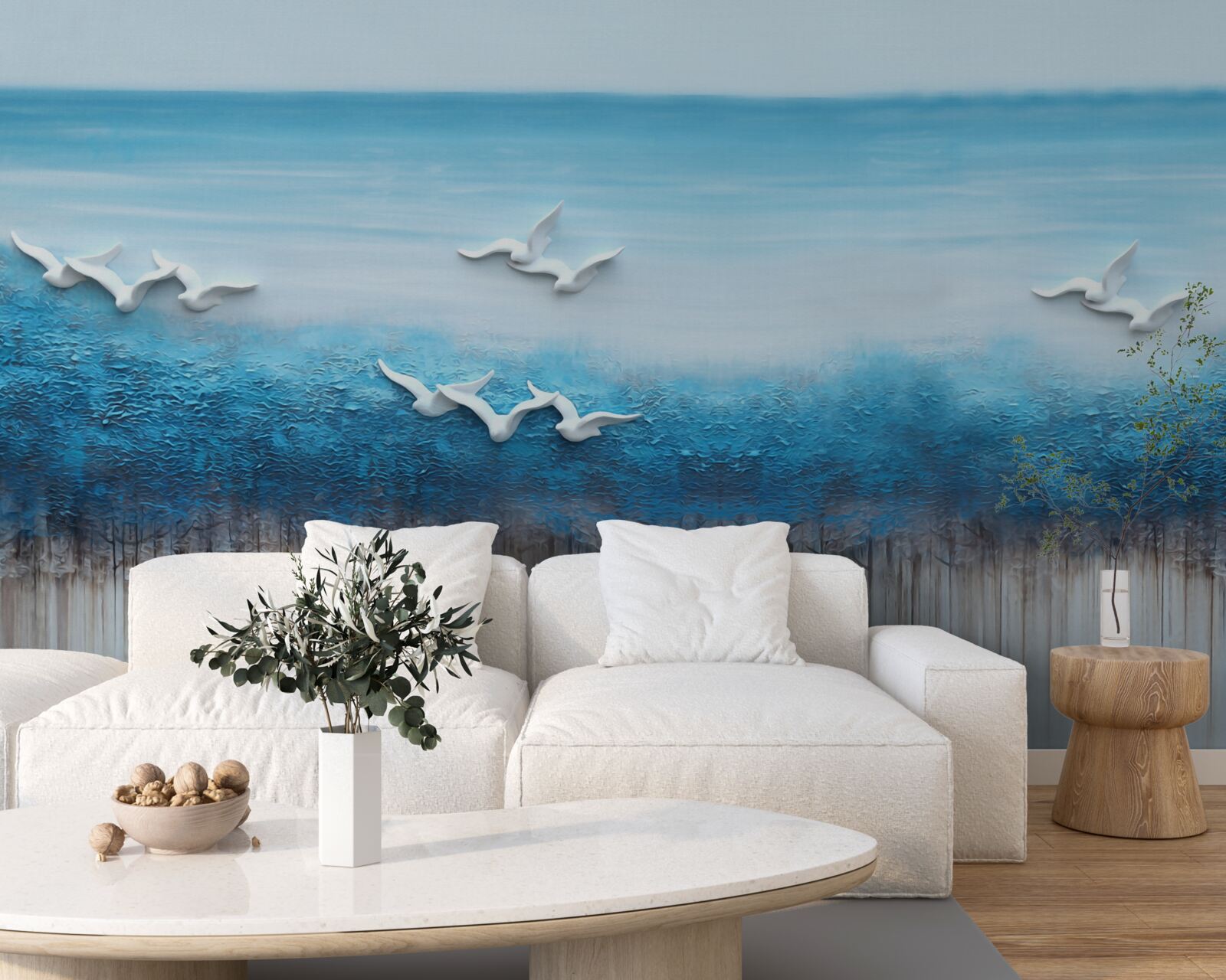 Fototapet Păsări albe ca zăpada deasupra norilor albăstrui