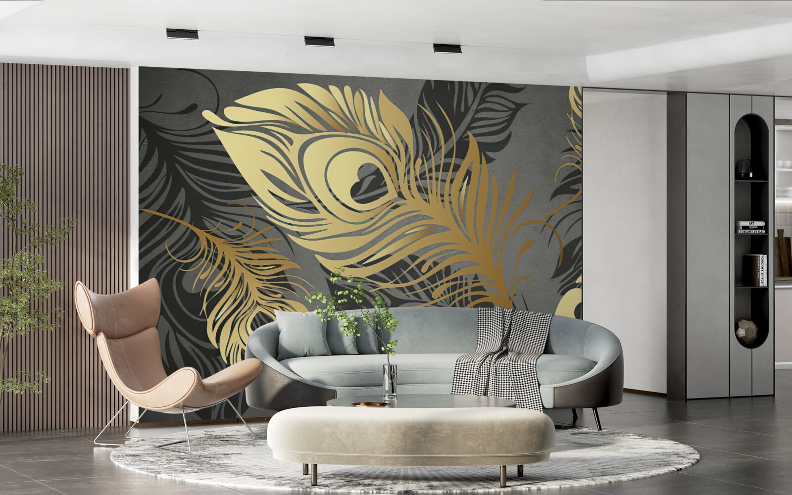 Fototapet pene cu decor aurit ajurat