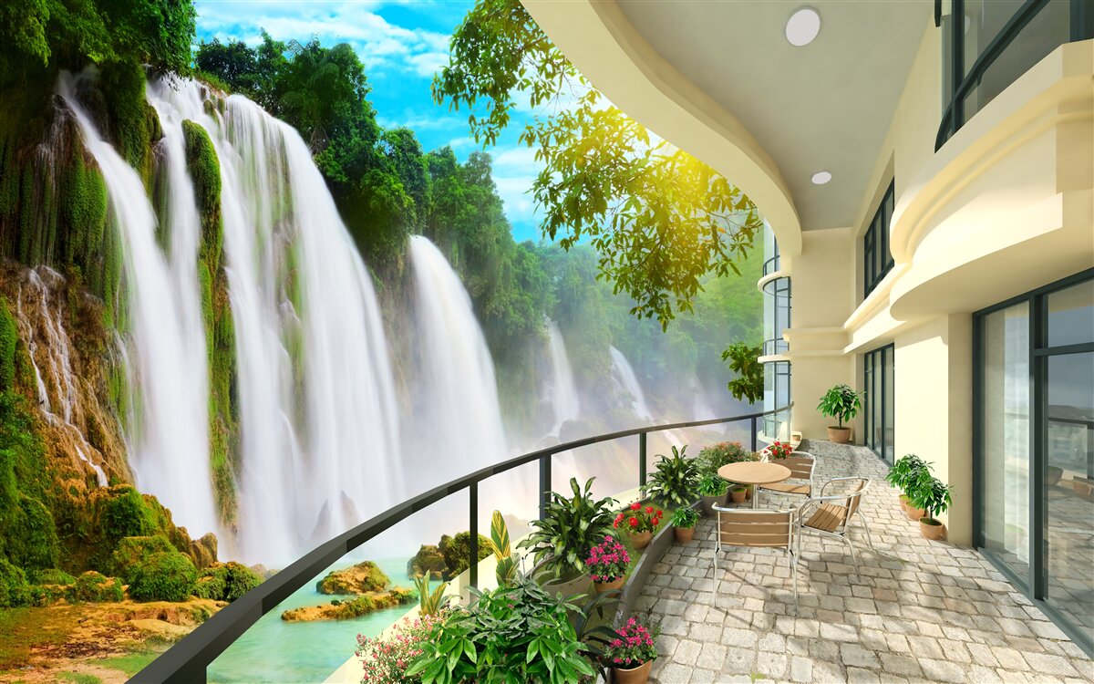Fototapet terasă magnifică cu vedere panoramică la cascadă