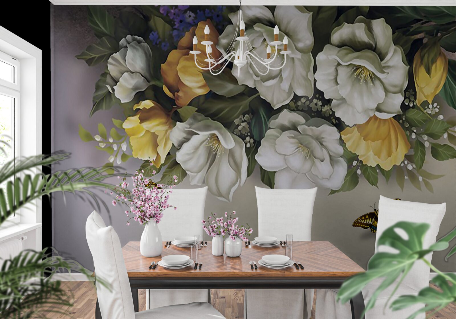 Fototapet două lepidoptere în lalele albe și galbene