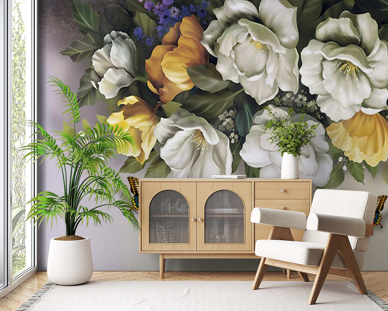 Fototapet două lepidoptere în lalele albe și galbene