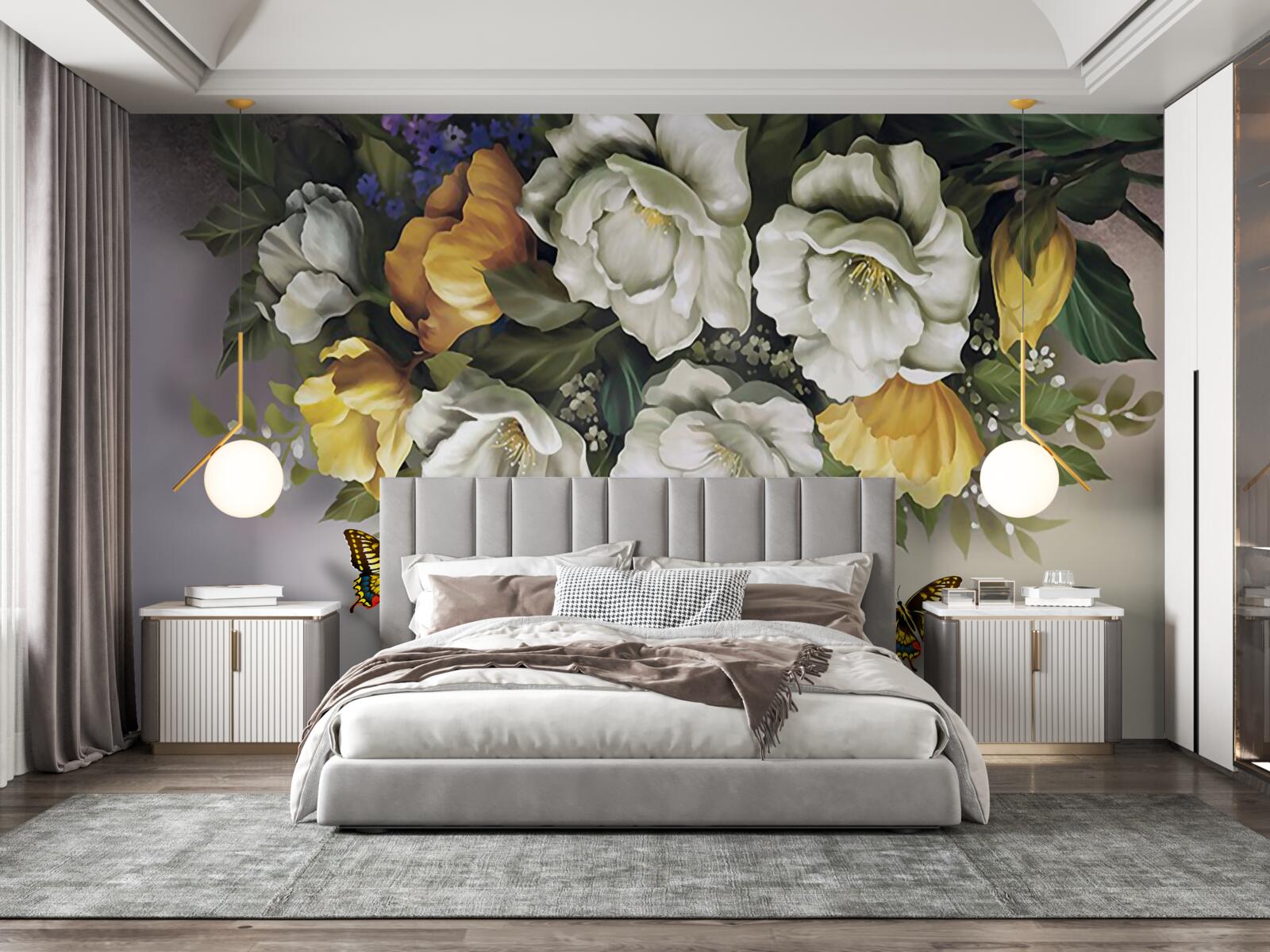 Fototapet două lepidoptere în lalele albe și galbene