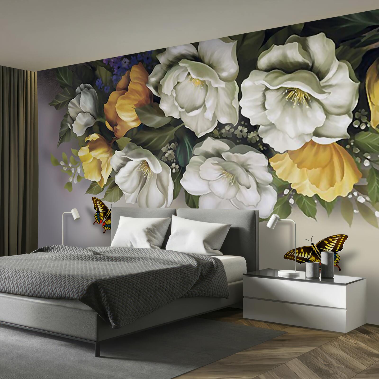 Fototapet două lepidoptere în lalele albe și galbene