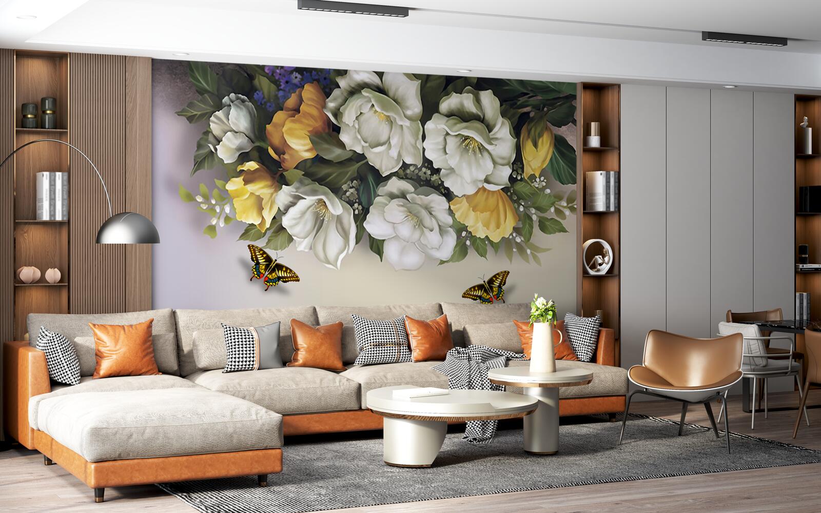 Fototapet două lepidoptere în lalele albe și galbene