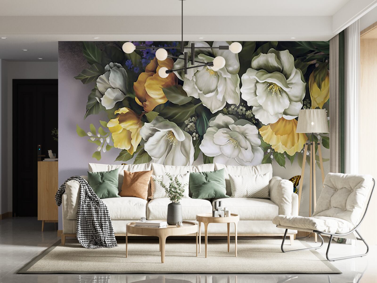 Fototapet două lepidoptere în lalele albe și galbene