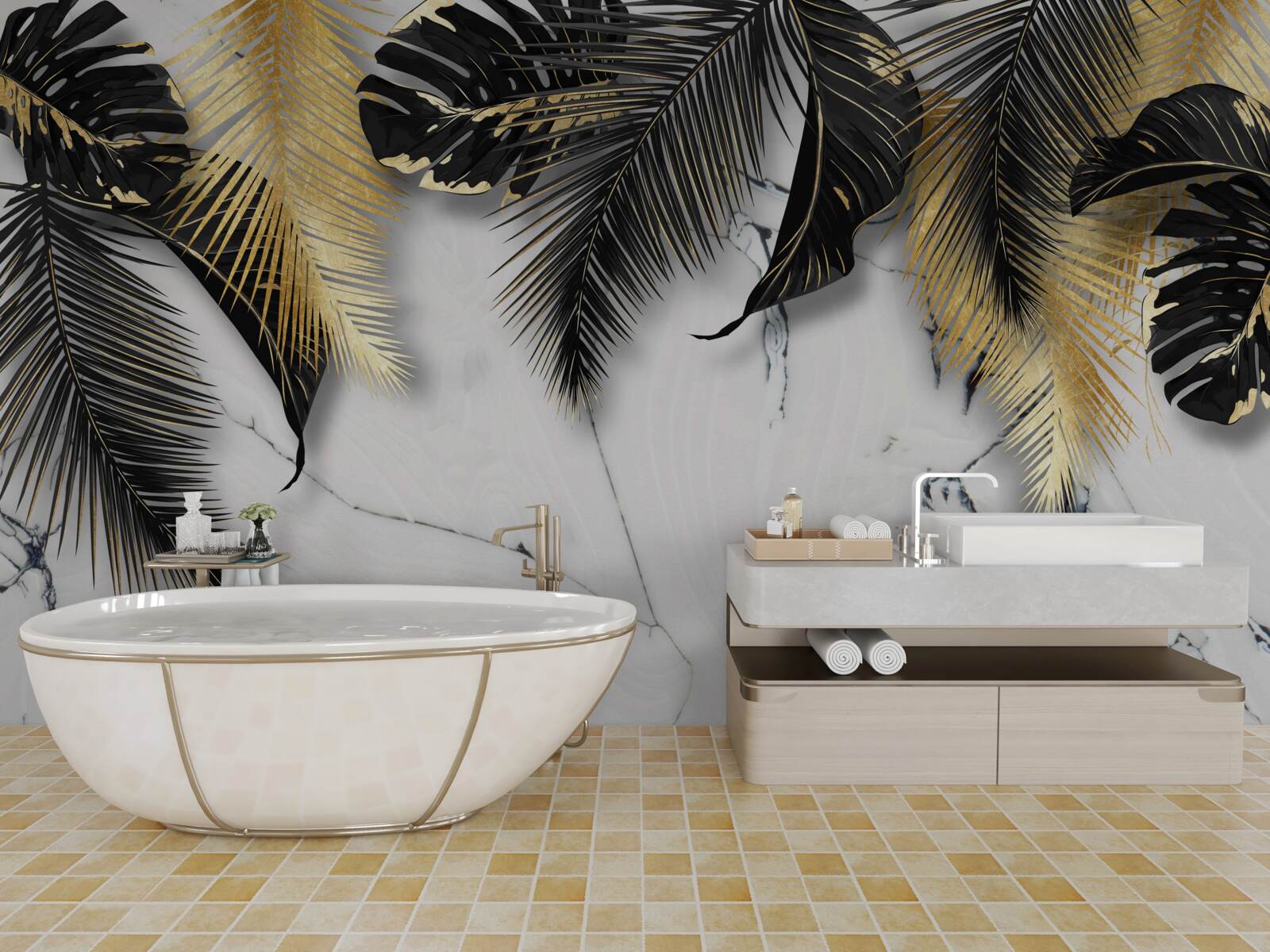 Fototapet marmura este presărată cu frunze maro și negre