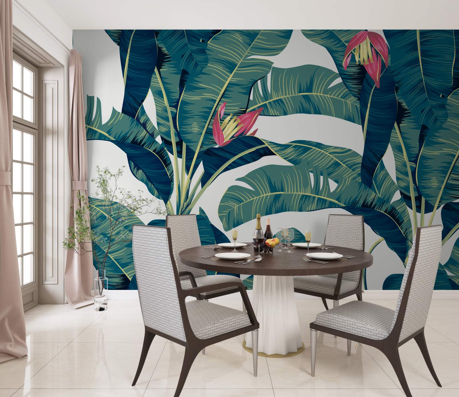 Fototapet flori printre frunze tropicale verzi