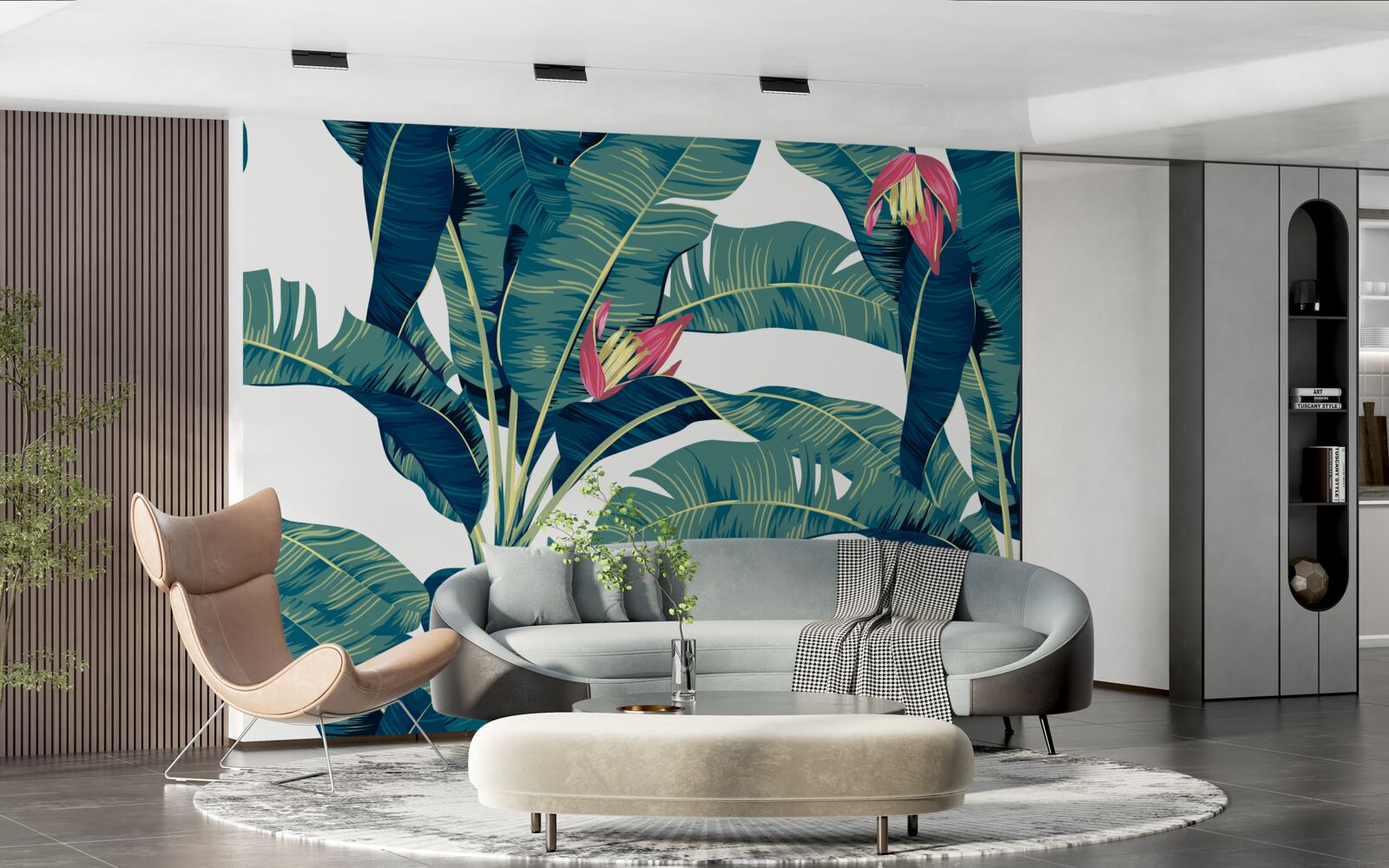 Fototapet flori printre frunze tropicale verzi