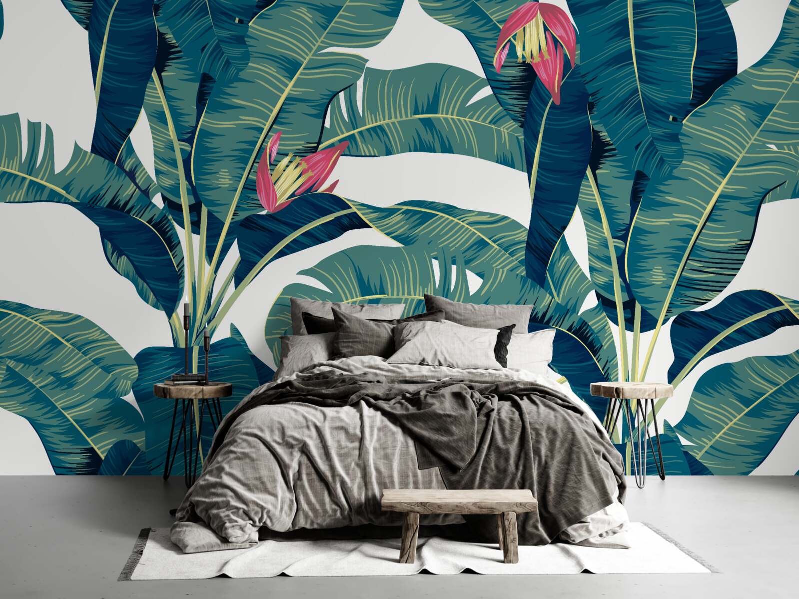 Fototapet flori printre frunze tropicale verzi