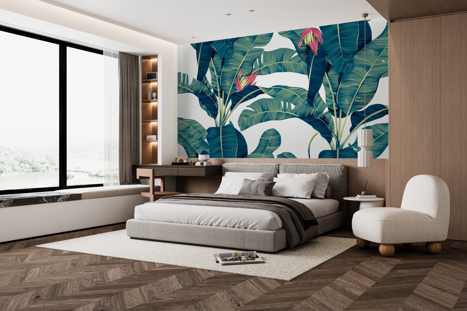 Fototapet flori printre frunze tropicale verzi