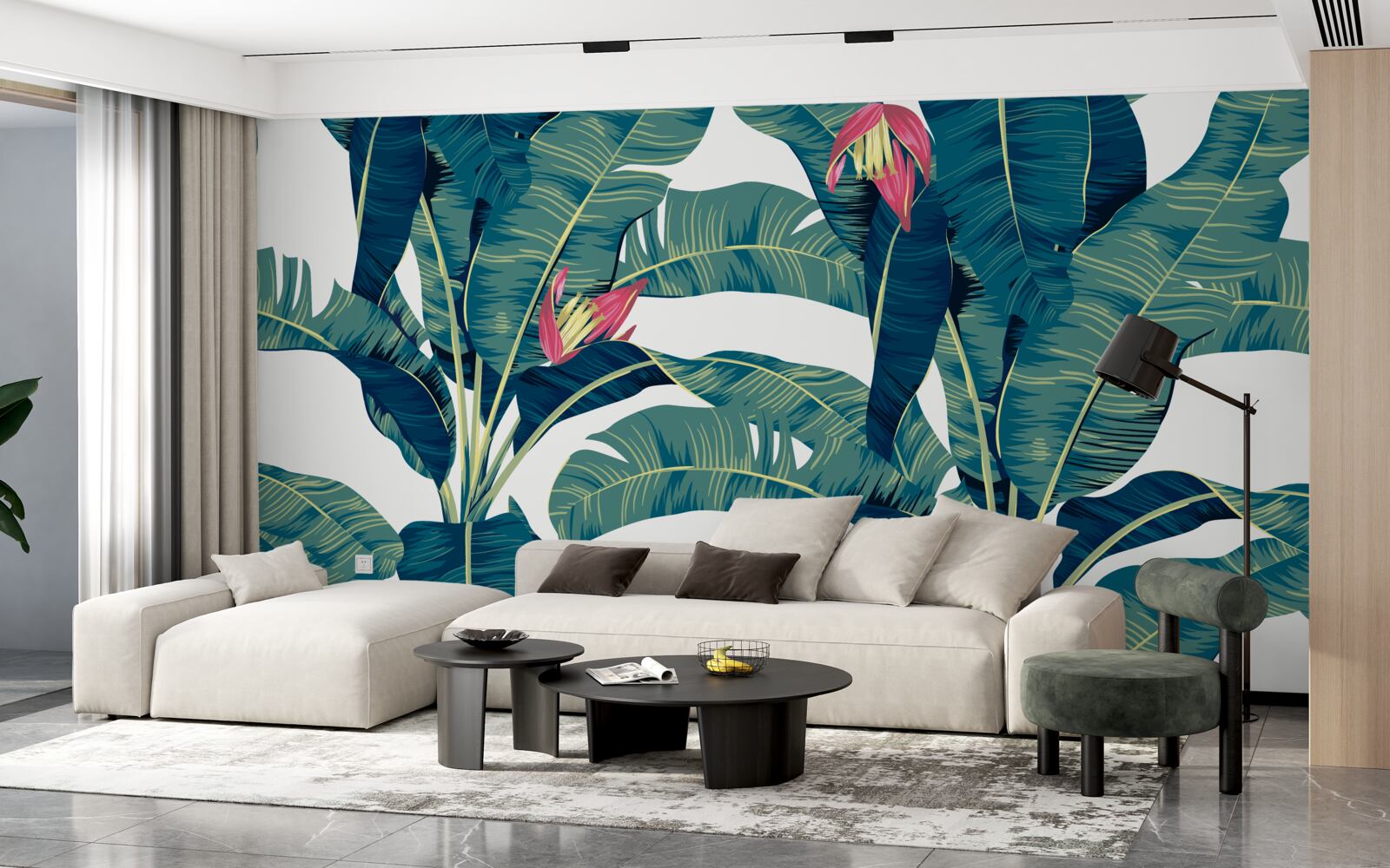 Fototapet flori printre frunze tropicale verzi