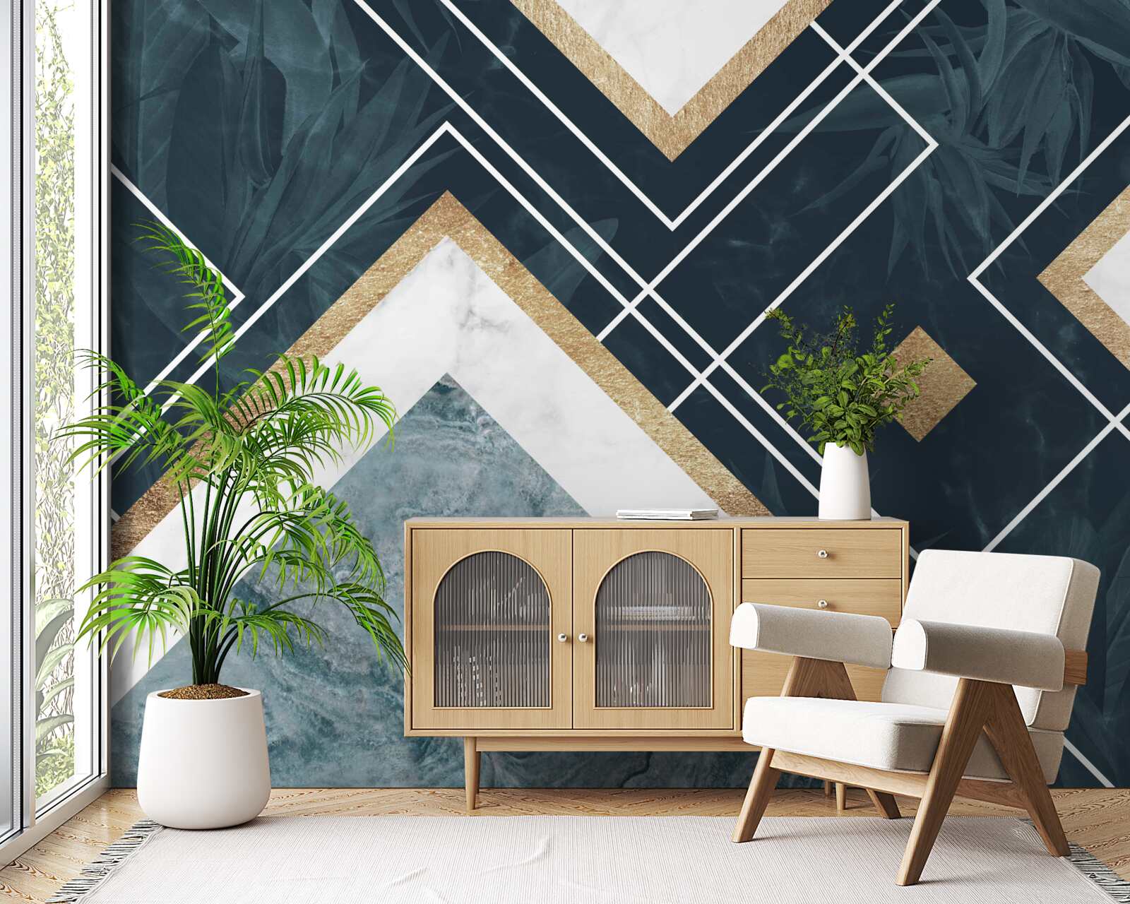 Fototapet mozaic albastru cu elemente albe