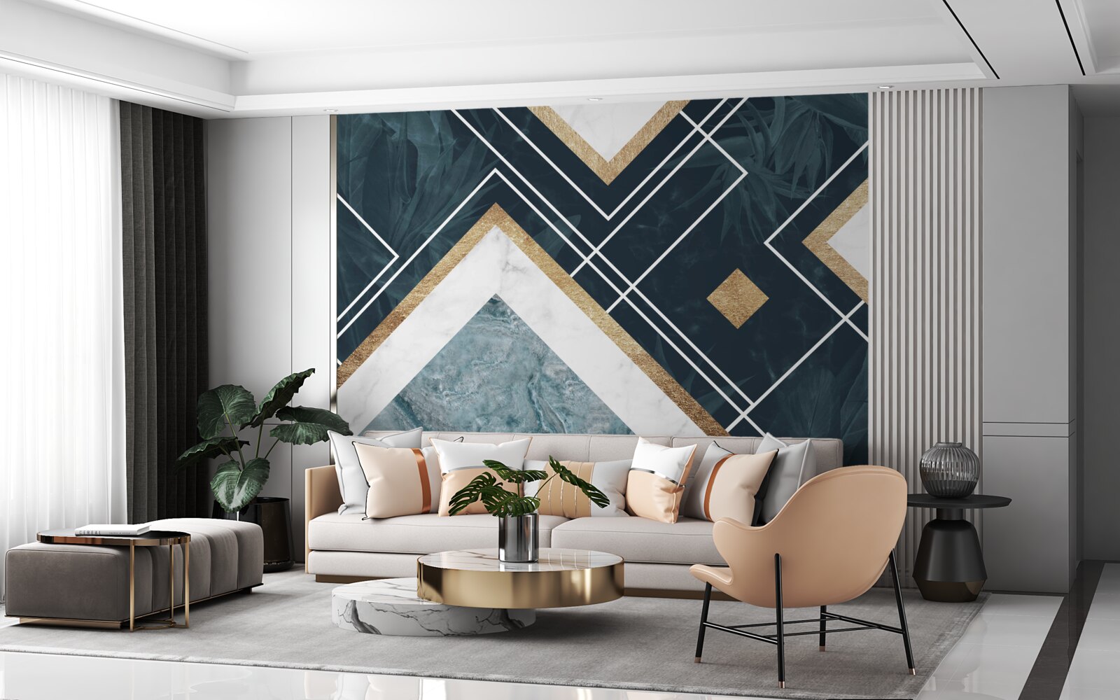 Fototapet mozaic albastru cu elemente albe