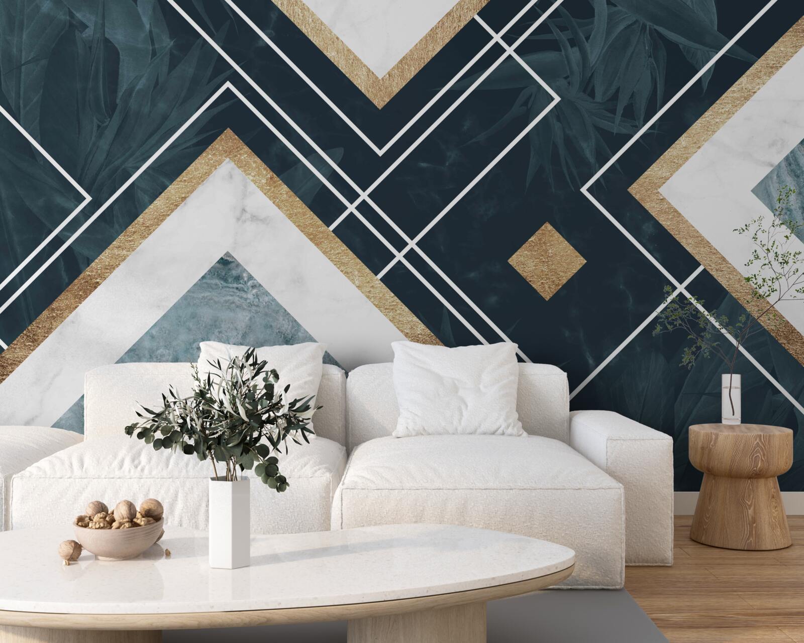 Fototapet mozaic albastru cu elemente albe