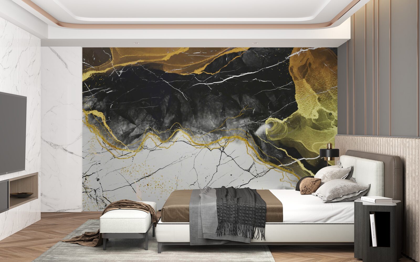 Fototapet marmură albă și neagră cu tonuri aurii