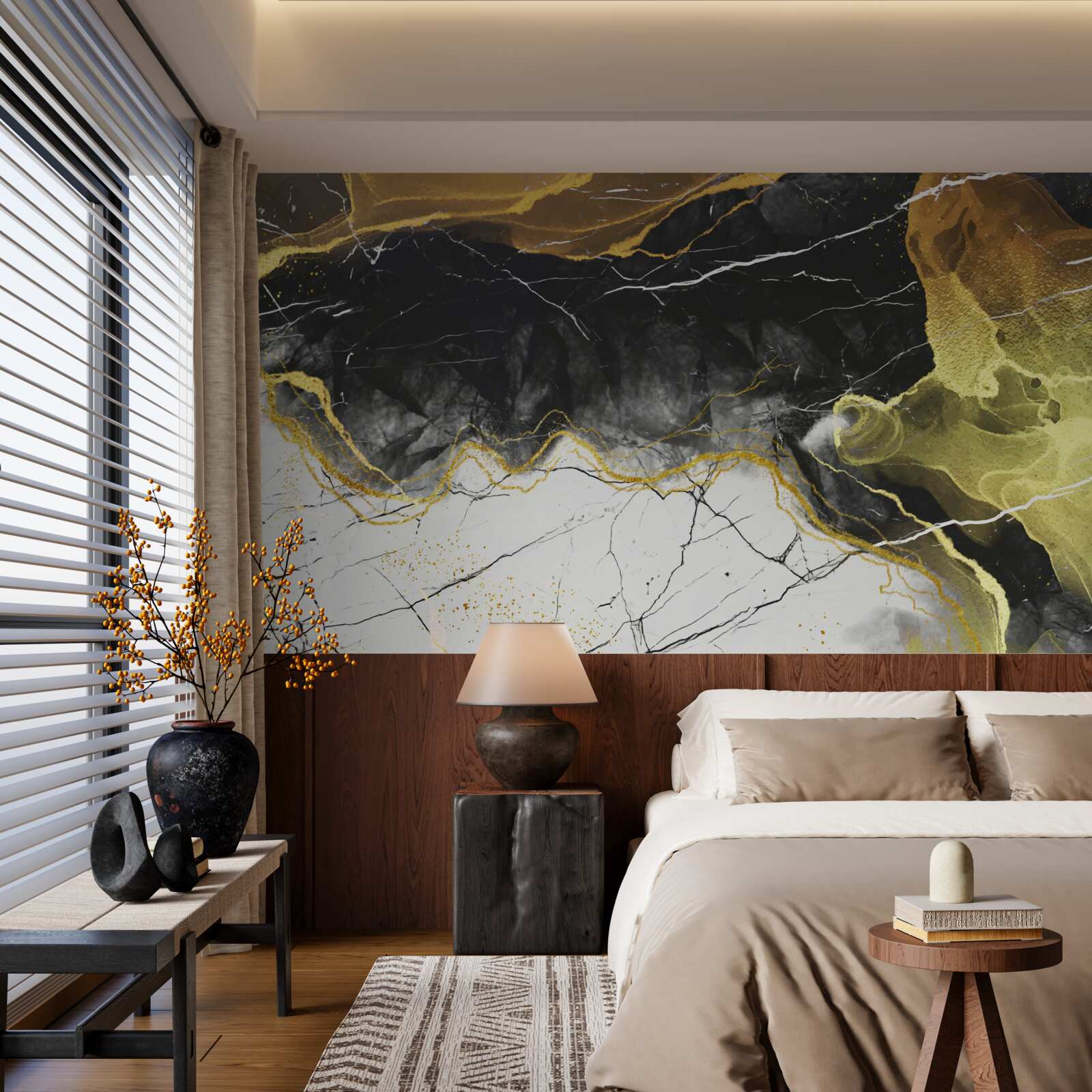 Fototapet marmură albă și neagră cu tonuri aurii