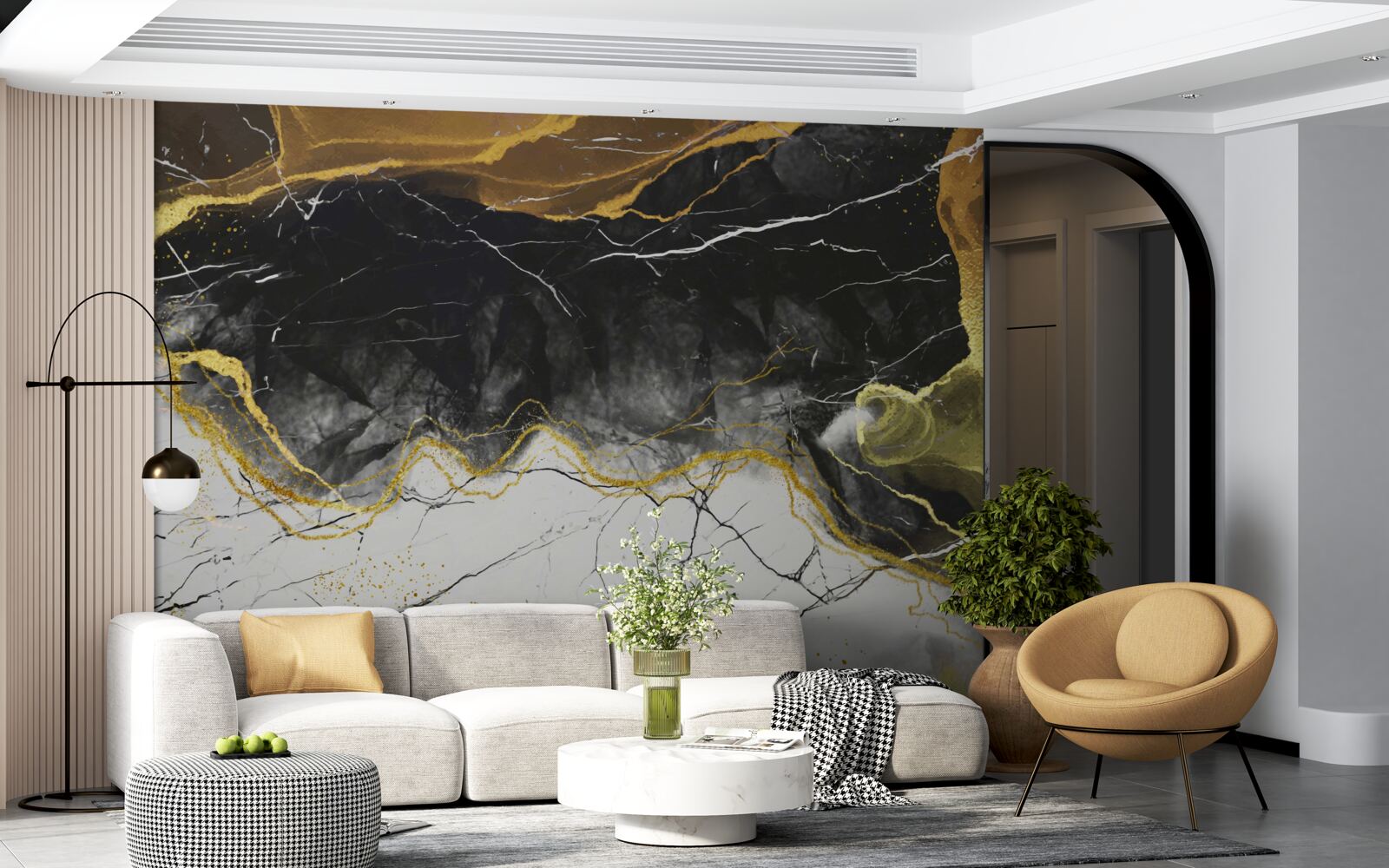 Fototapet marmură albă și neagră cu tonuri aurii