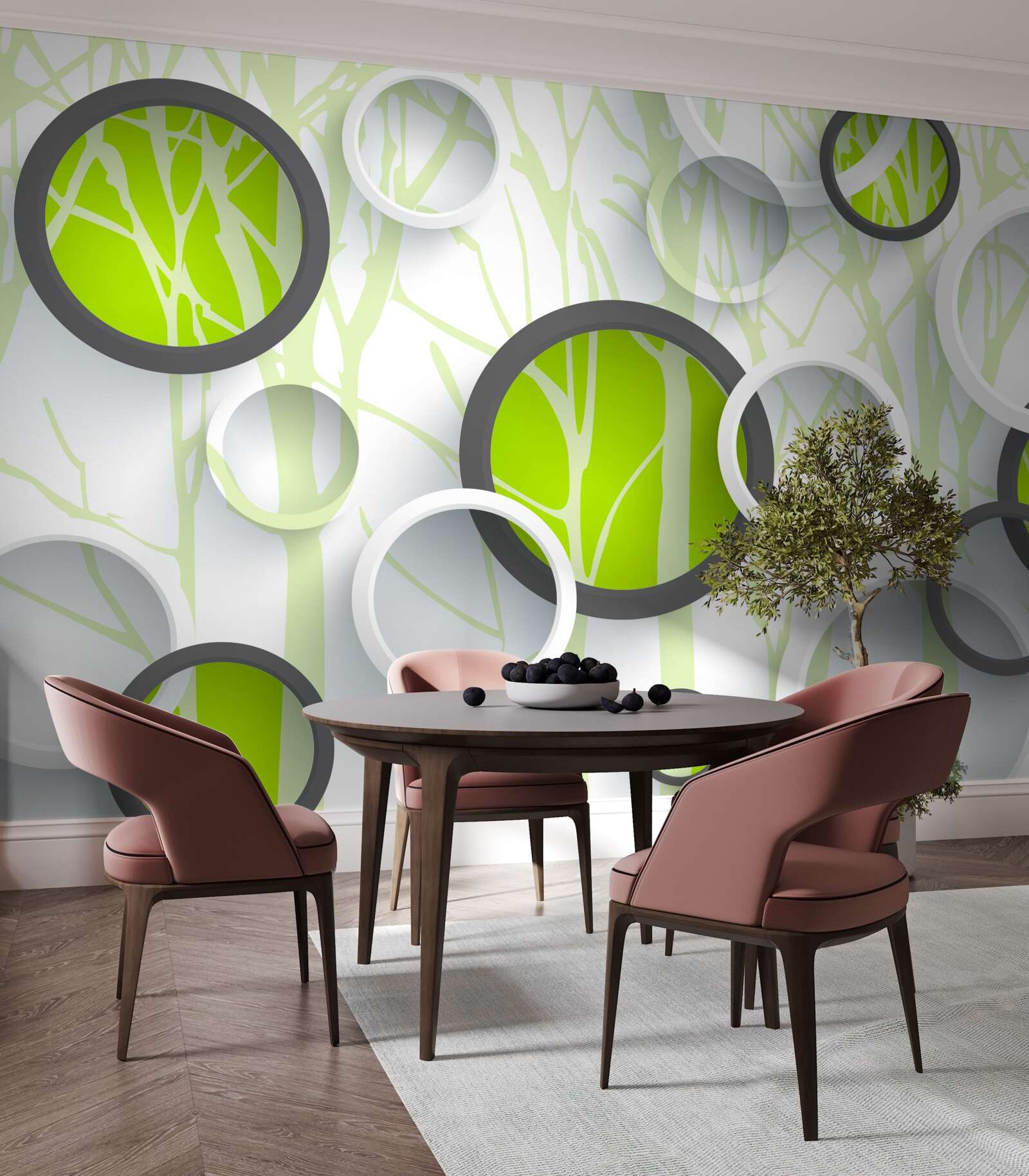 Fototapet cercuri verzi împletite pe un fundal împădurit