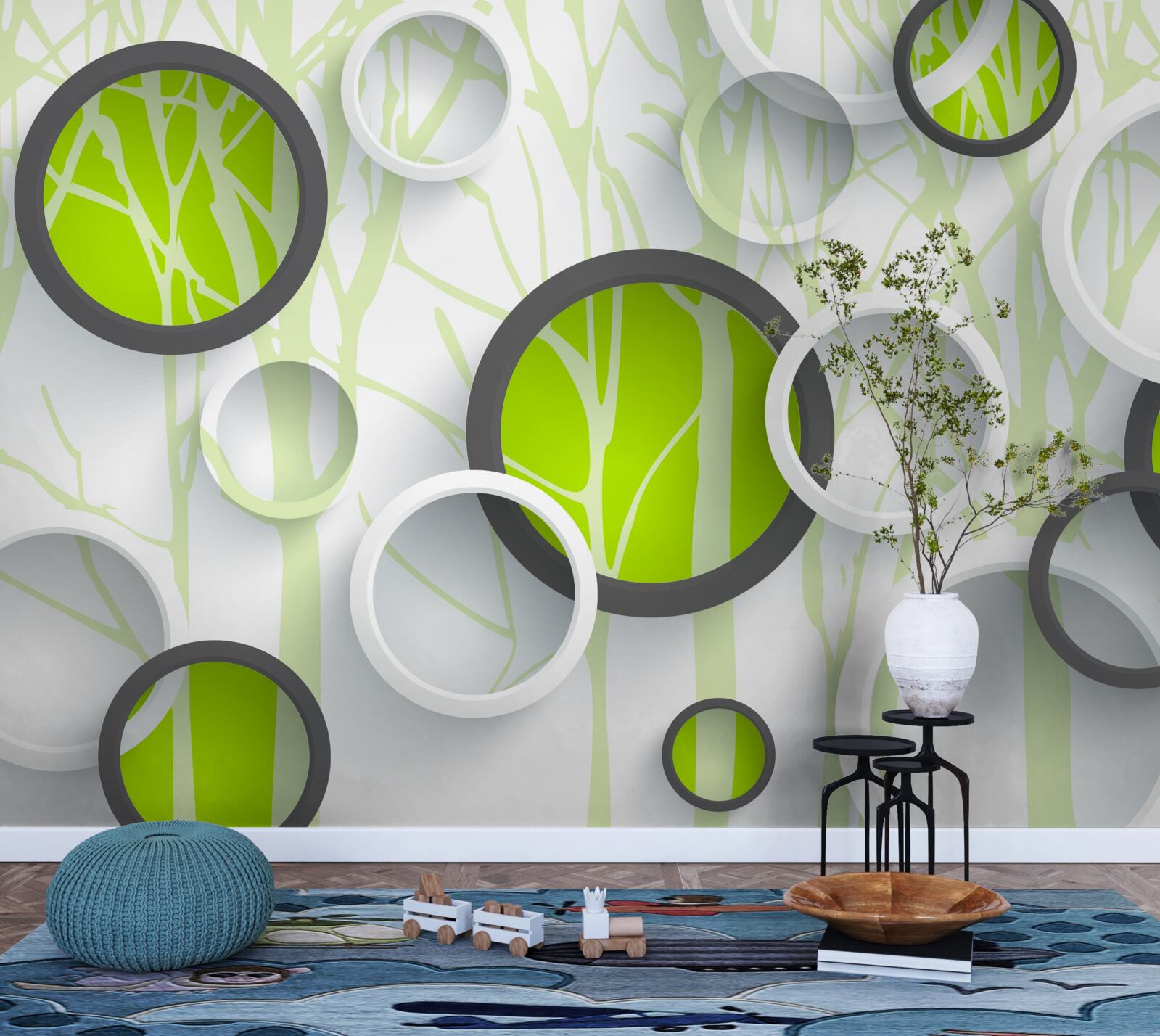Fototapet cercuri verzi împletite pe un fundal împădurit
