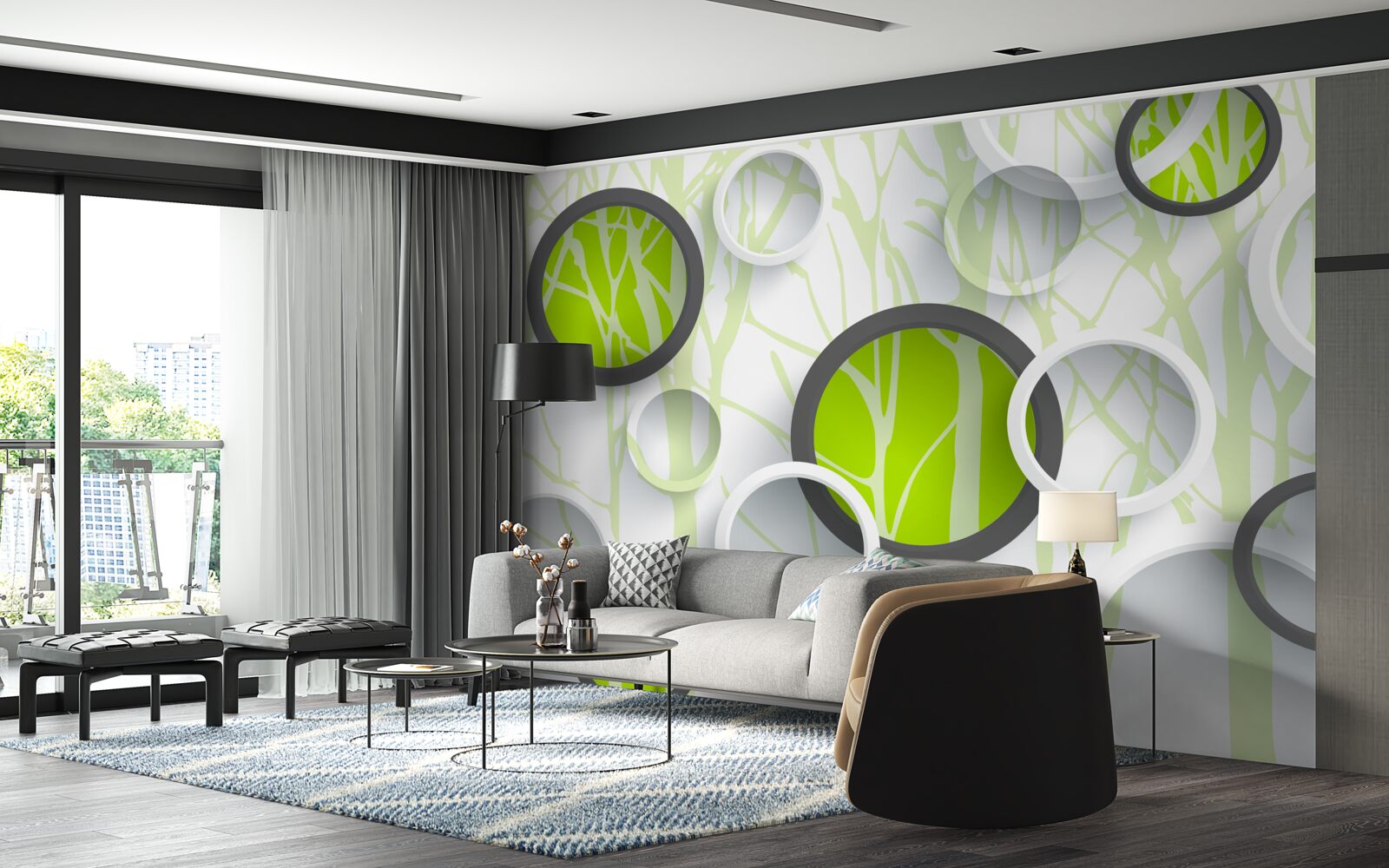 Fototapet cercuri verzi împletite pe un fundal împădurit