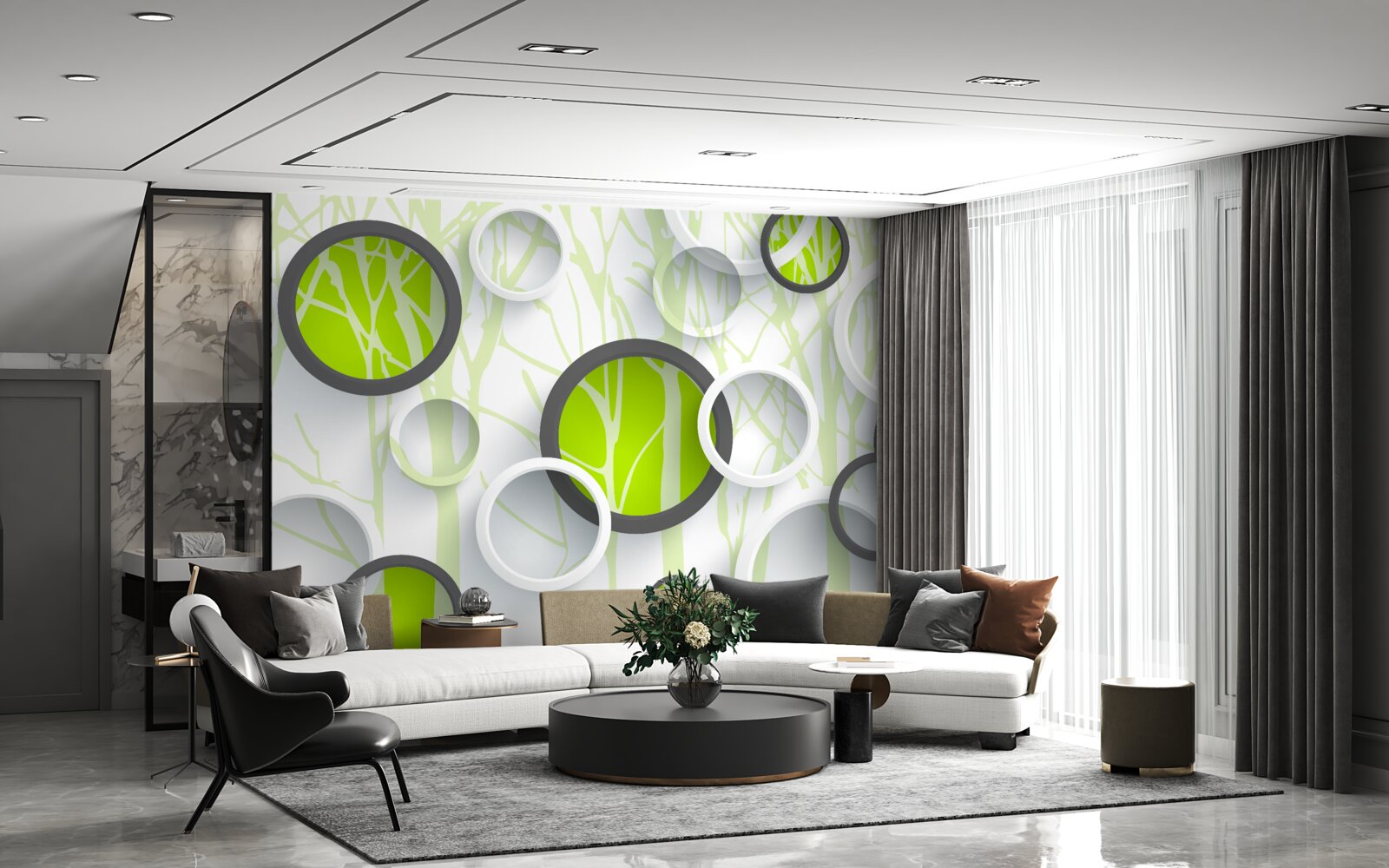 Fototapet cercuri verzi împletite pe un fundal împădurit