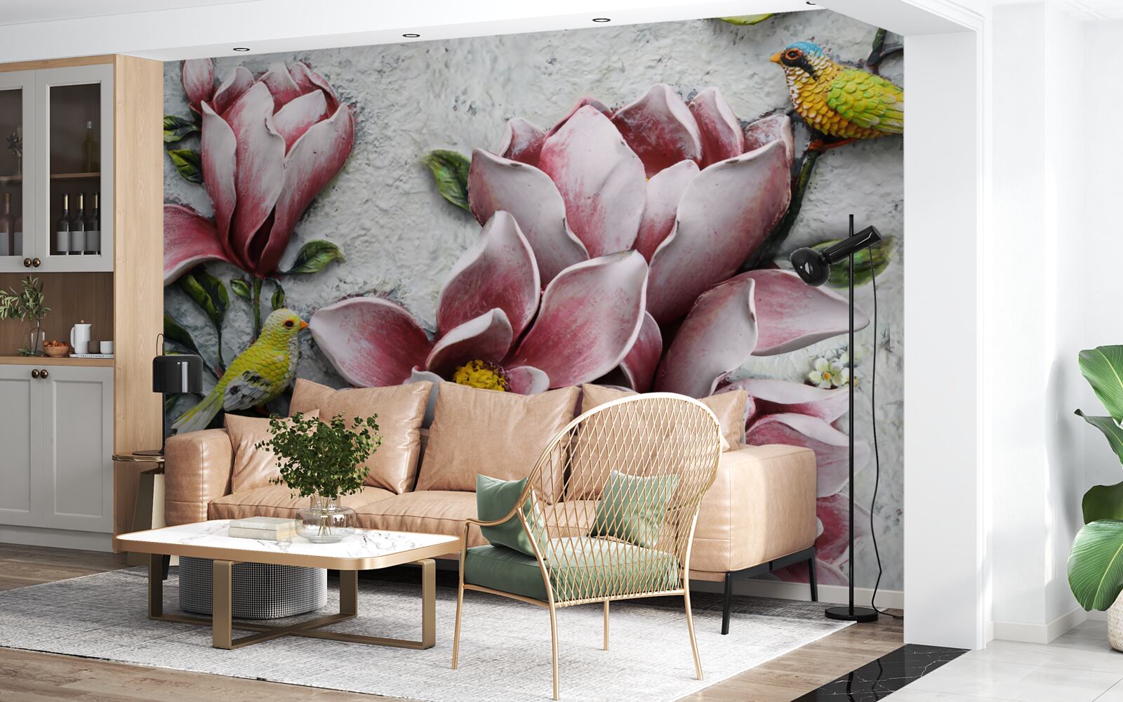 Fototapet lotusul este roșu și alb, iar păsările sunt galben strălucitor