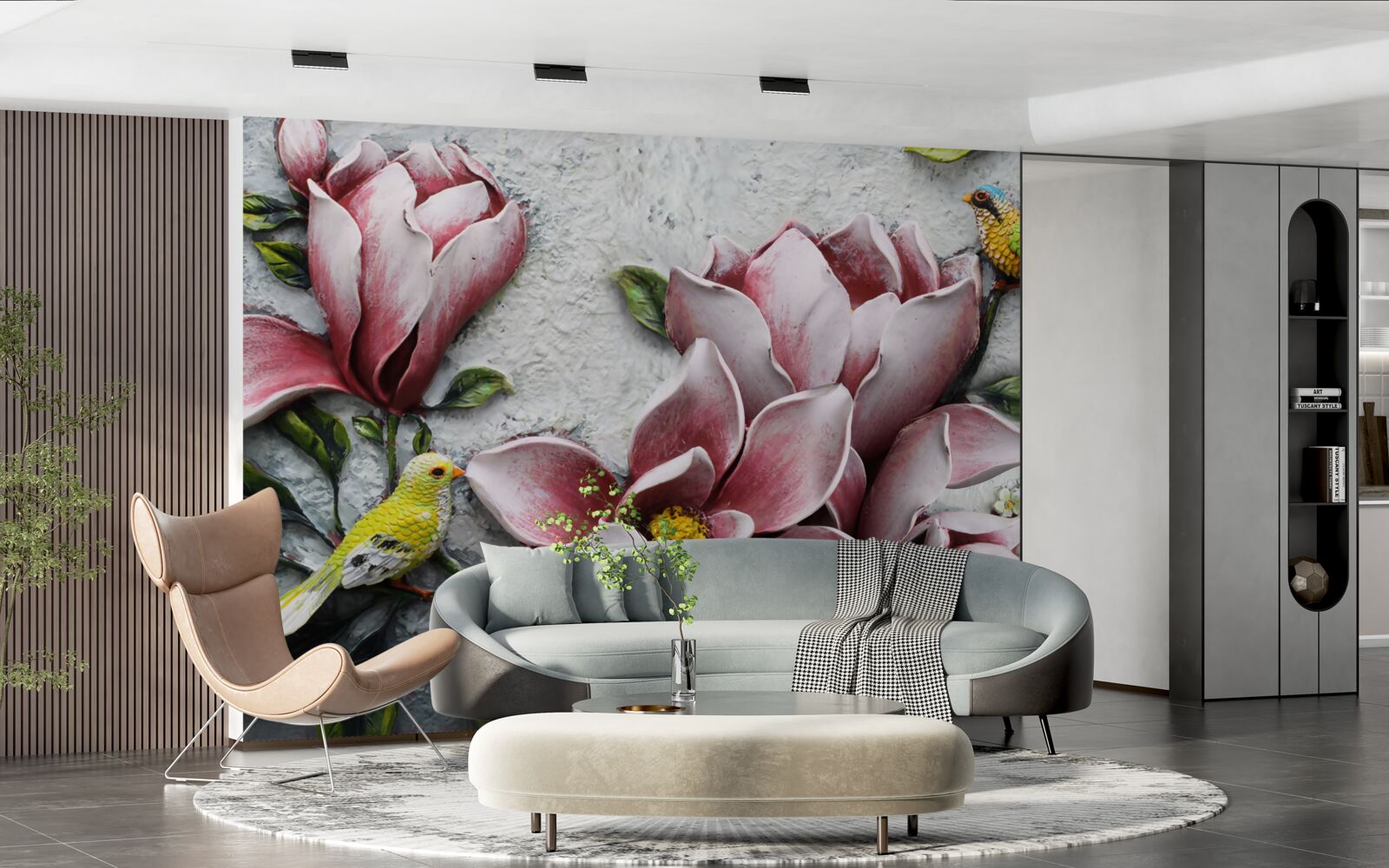 Fototapet lotusul este roșu și alb, iar păsările sunt galben strălucitor