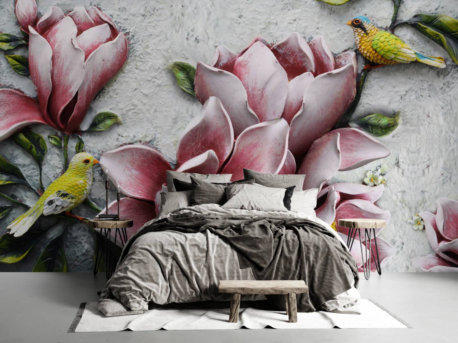 Fototapet lotusul este roșu și alb, iar păsările sunt galben strălucitor