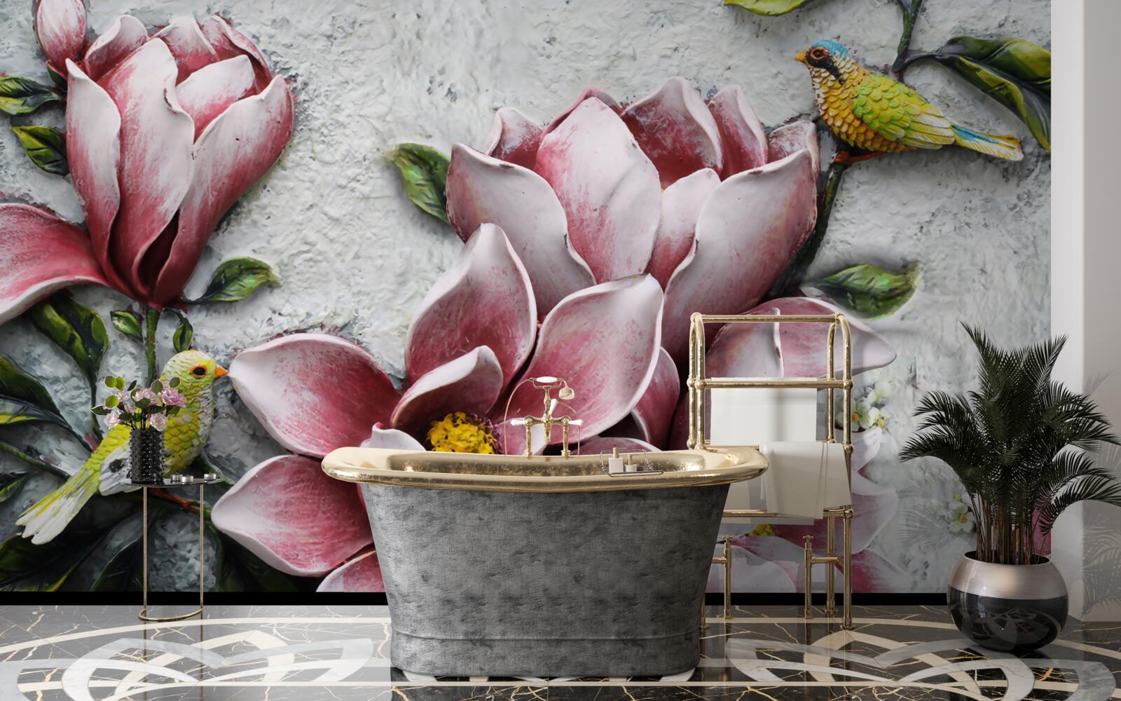 Fototapet lotusul este roșu și alb, iar păsările sunt galben strălucitor