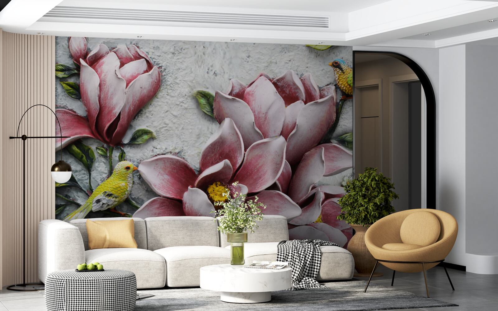 Fototapet lotusul este roșu și alb, iar păsările sunt galben strălucitor