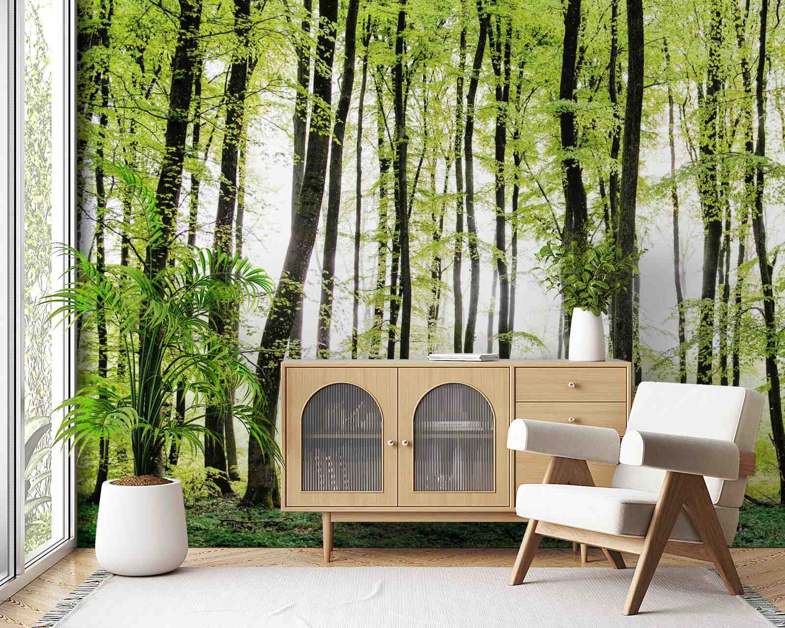 Fototapet copacii de dimineață se întindeau în sus ca niște coloane subțiri