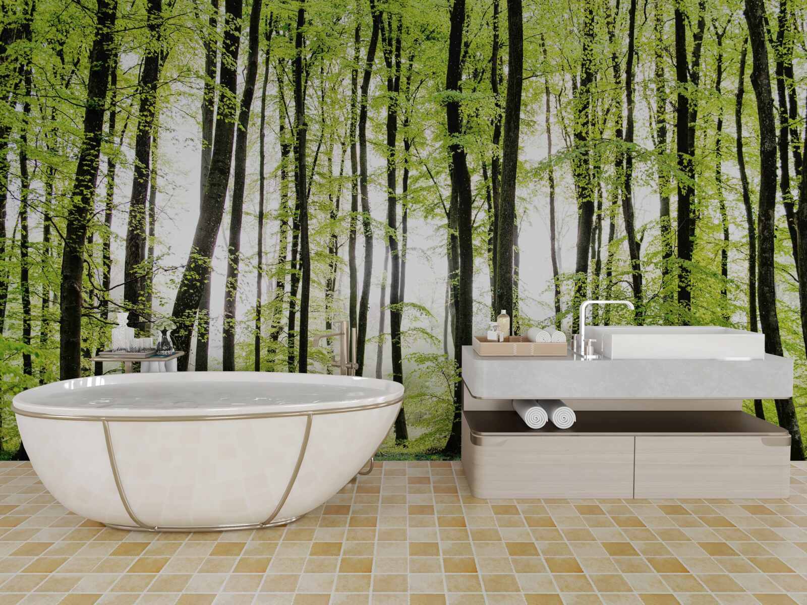 Fototapet copacii de dimineață se întindeau în sus ca niște coloane subțiri