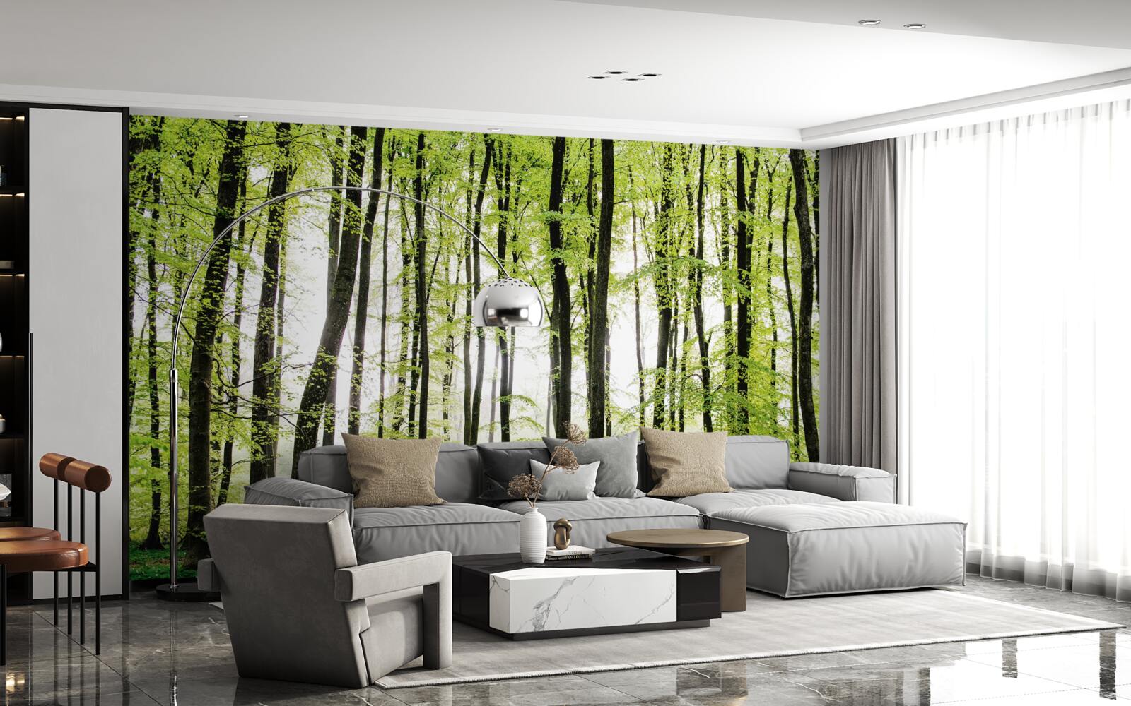 Fototapet copacii de dimineață se întindeau în sus ca niște coloane subțiri