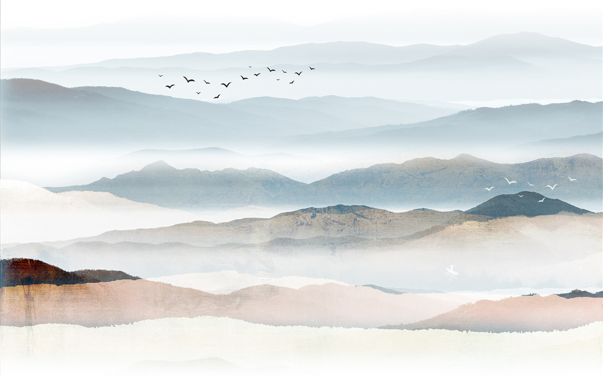 Fototapet păsările zboară peste o pădure învăluită în ceața dimineții