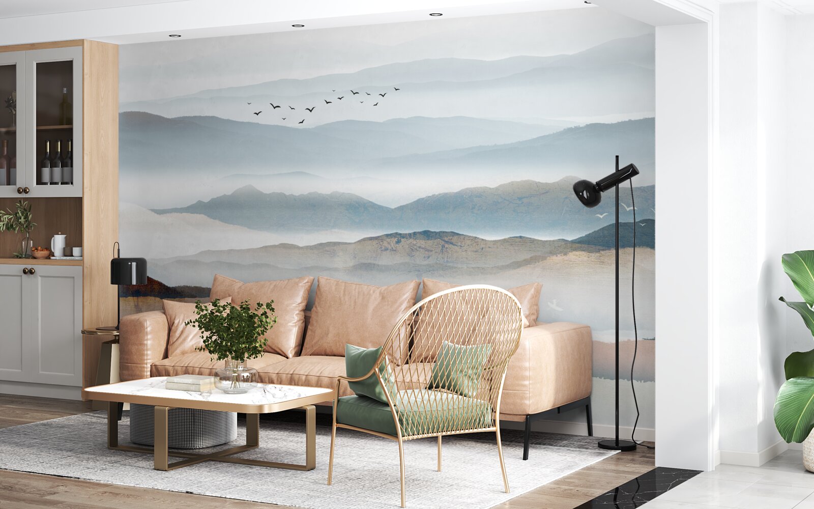 Fototapet păsările zboară peste o pădure învăluită în ceața dimineții