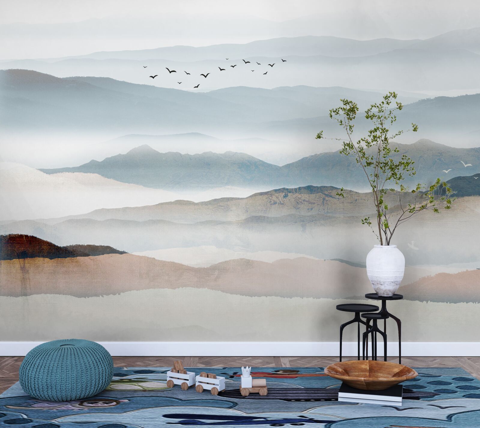 Fototapet păsările zboară peste o pădure învăluită în ceața dimineții