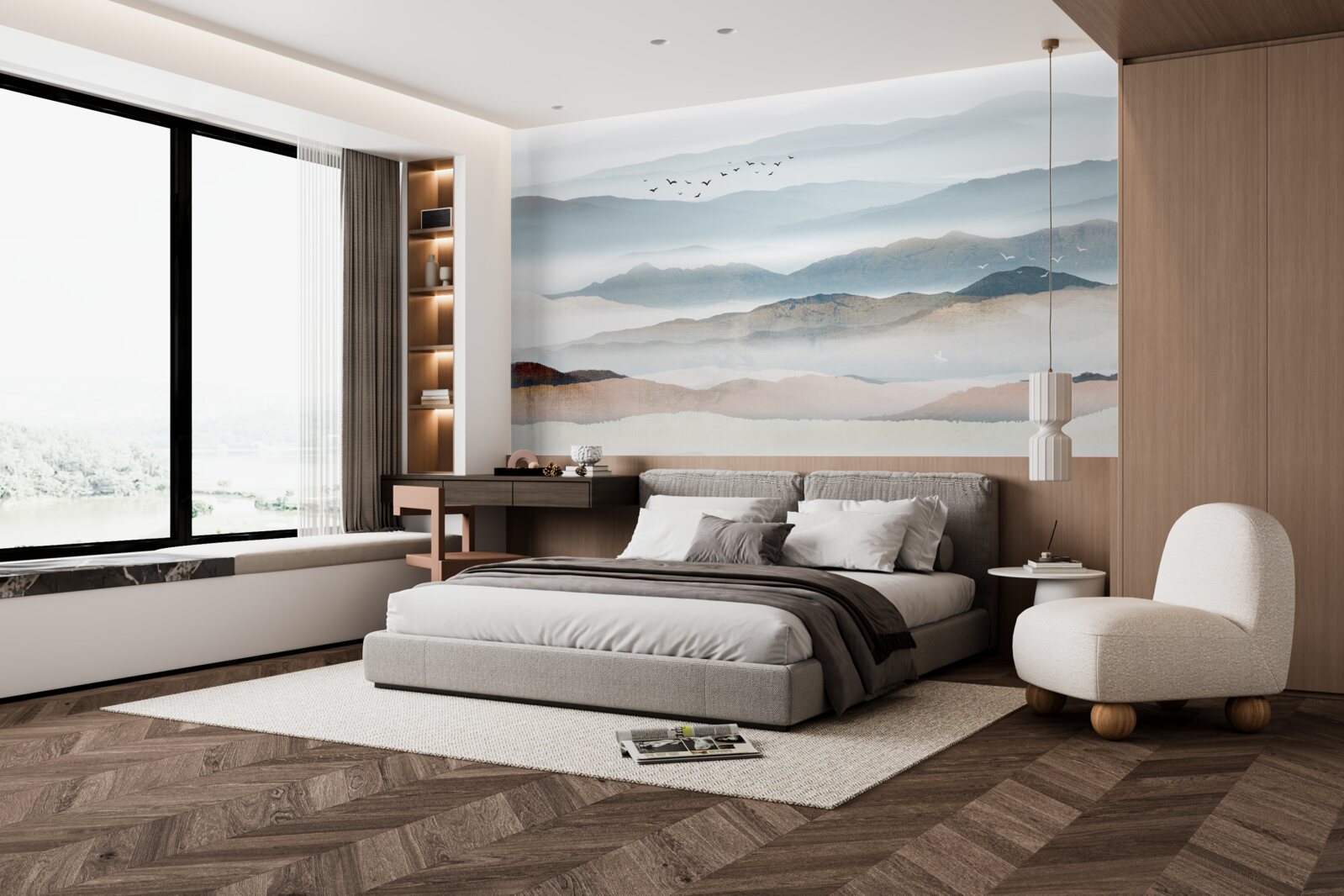 Fototapet păsările zboară peste o pădure învăluită în ceața dimineții