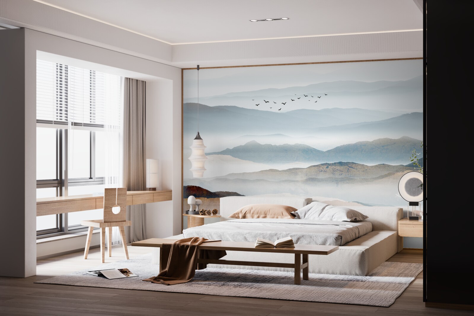 Fototapet păsările zboară peste o pădure învăluită în ceața dimineții