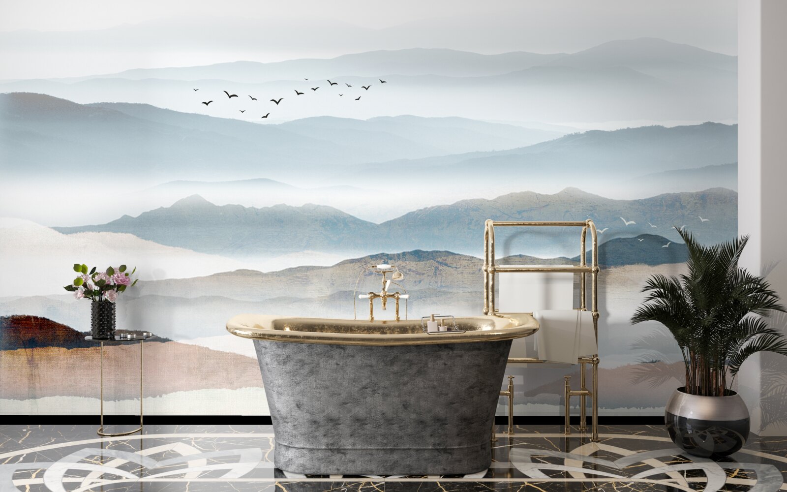 Fototapet păsările zboară peste o pădure învăluită în ceața dimineții