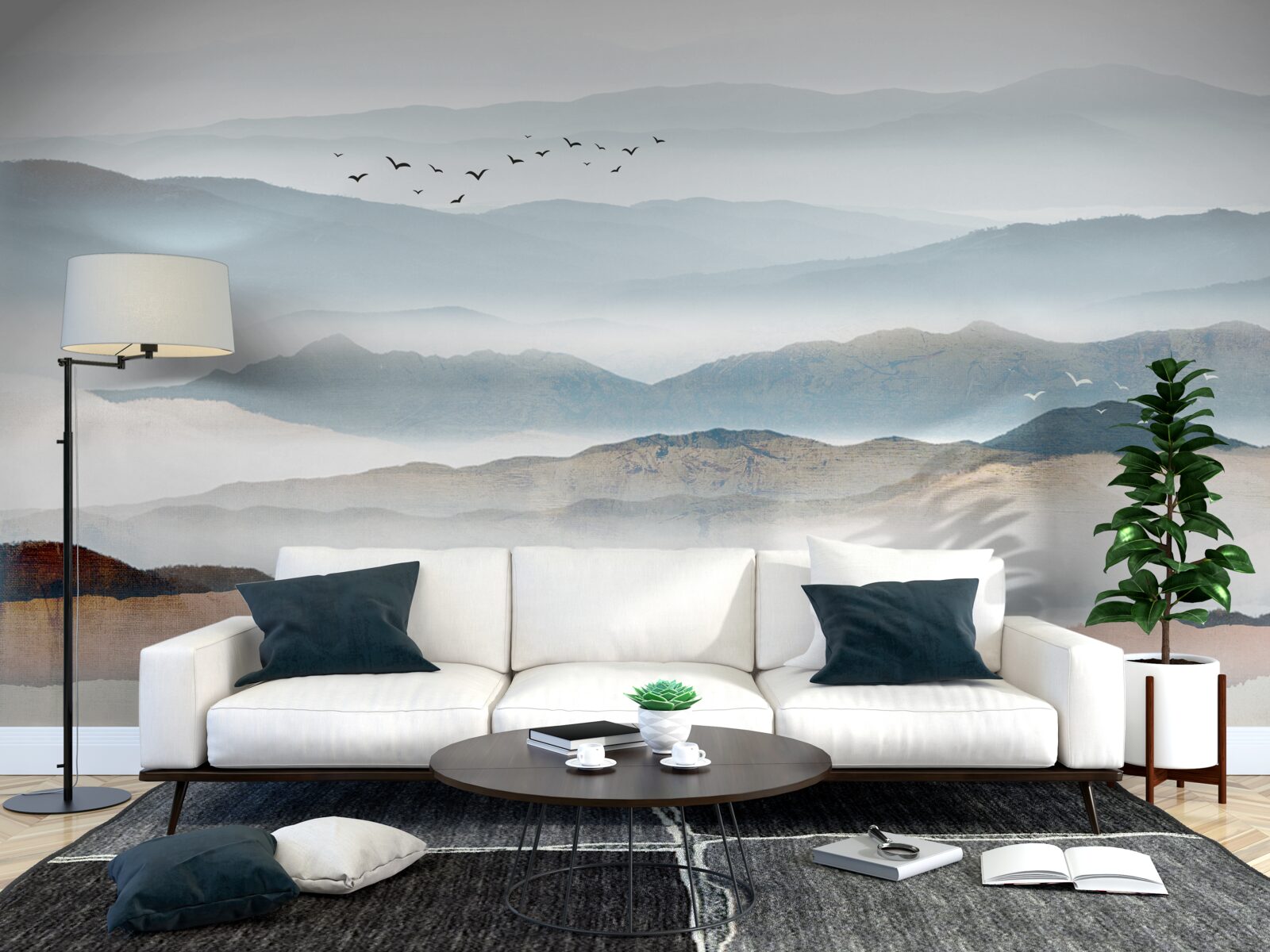 Fototapet păsările zboară peste o pădure învăluită în ceața dimineții