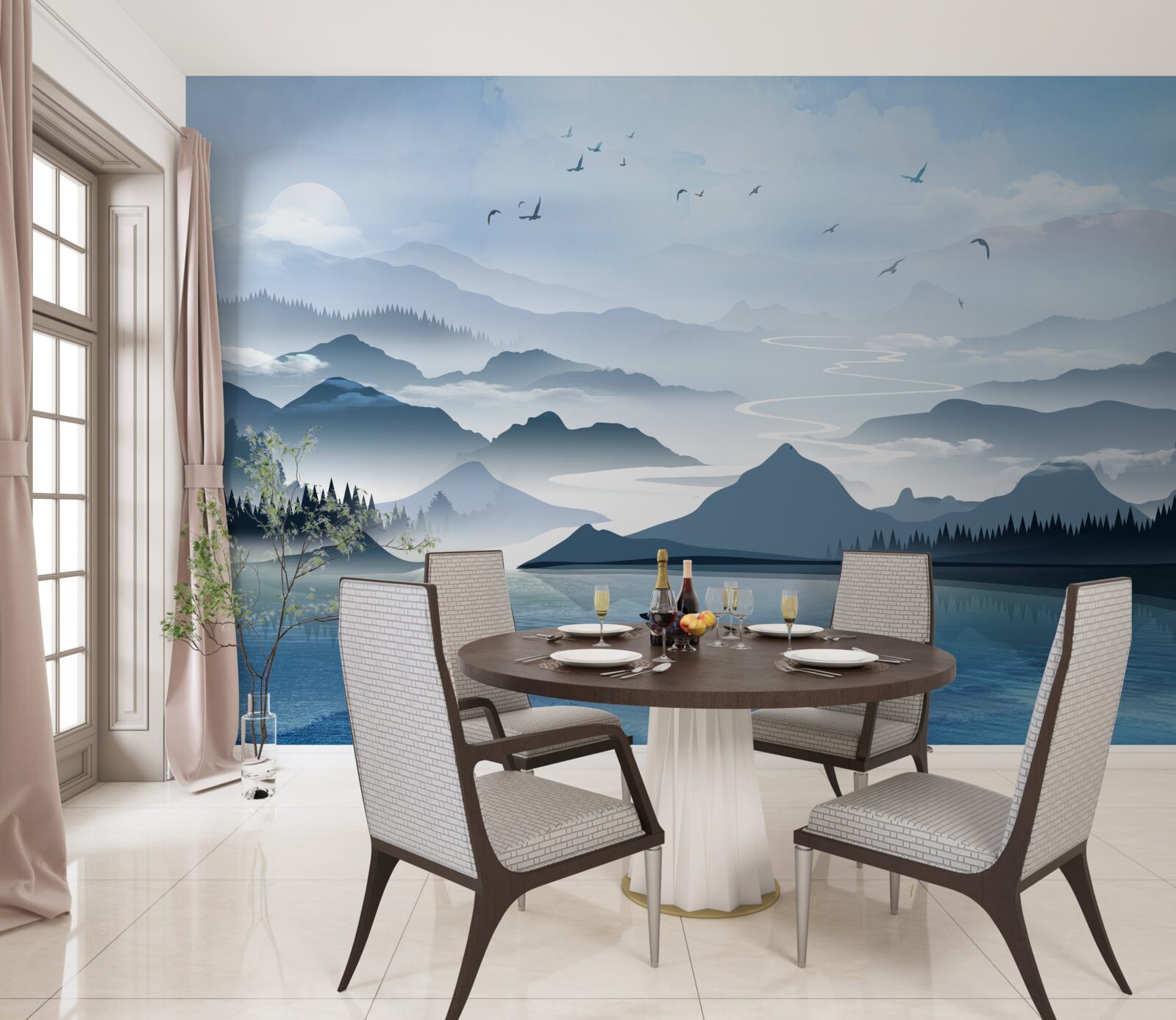 Fototapet pescuit singur în zori pe un lac