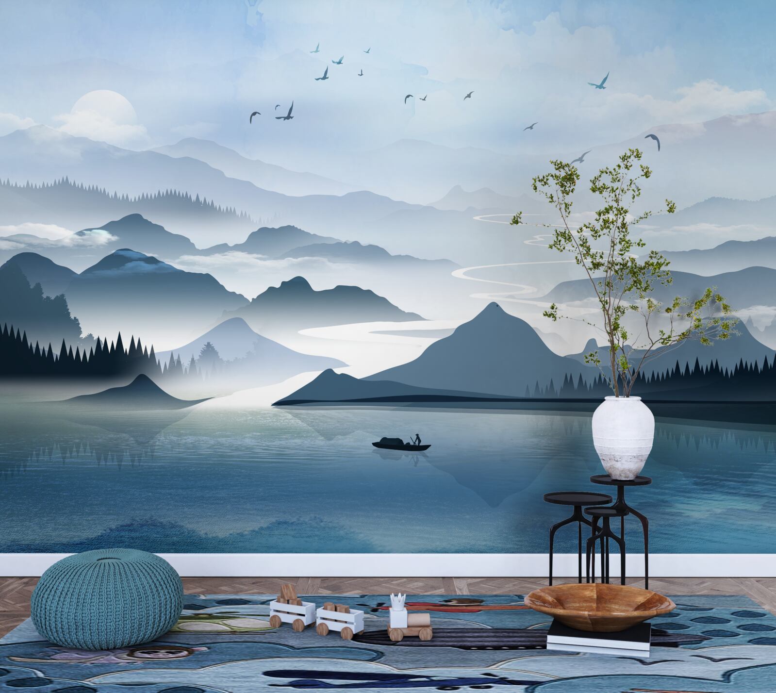 Fototapet pescuit singur în zori pe un lac