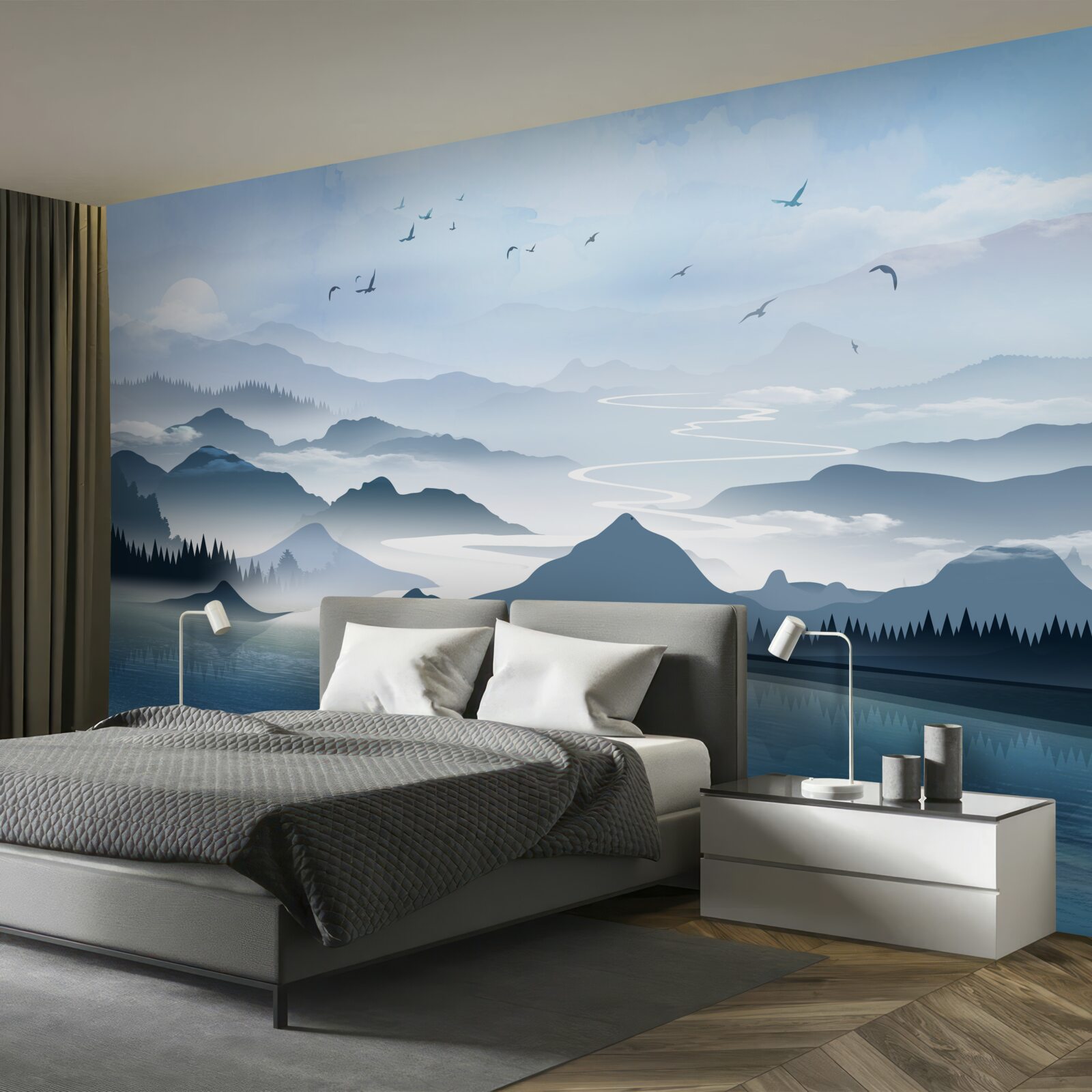 Fototapet pescuit singur în zori pe un lac