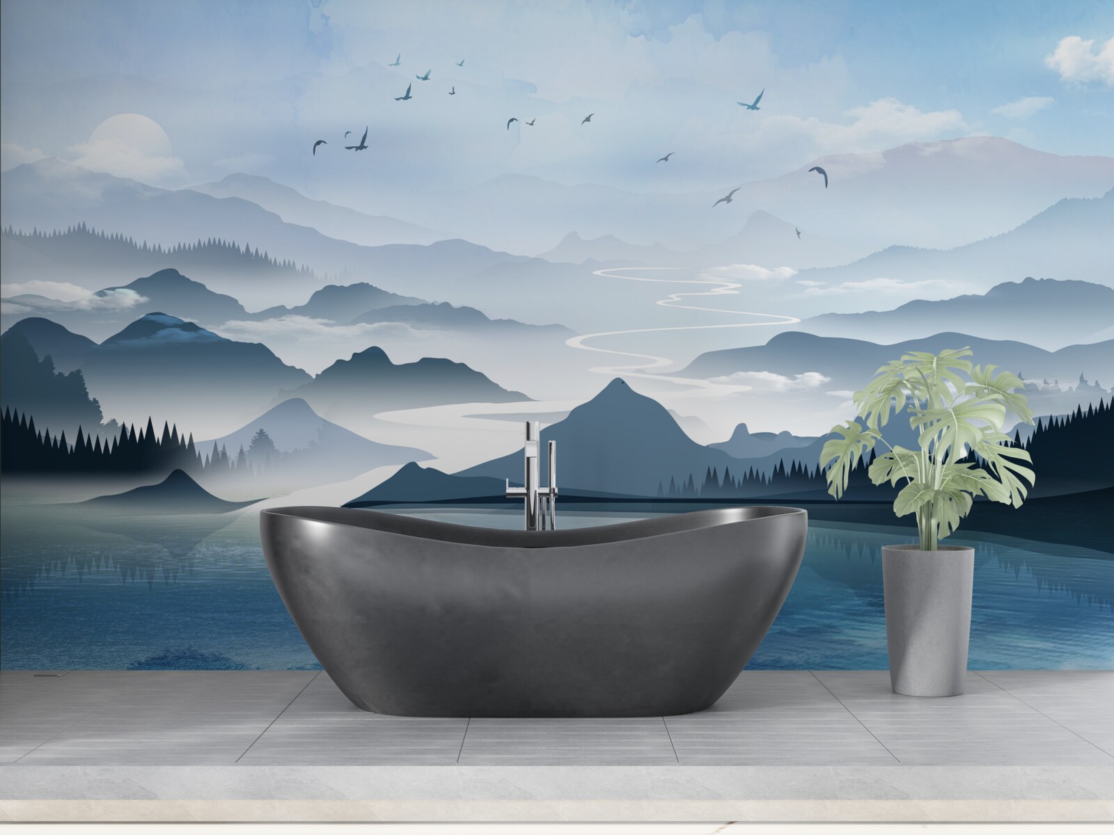 Fototapet pescuit singur în zori pe un lac